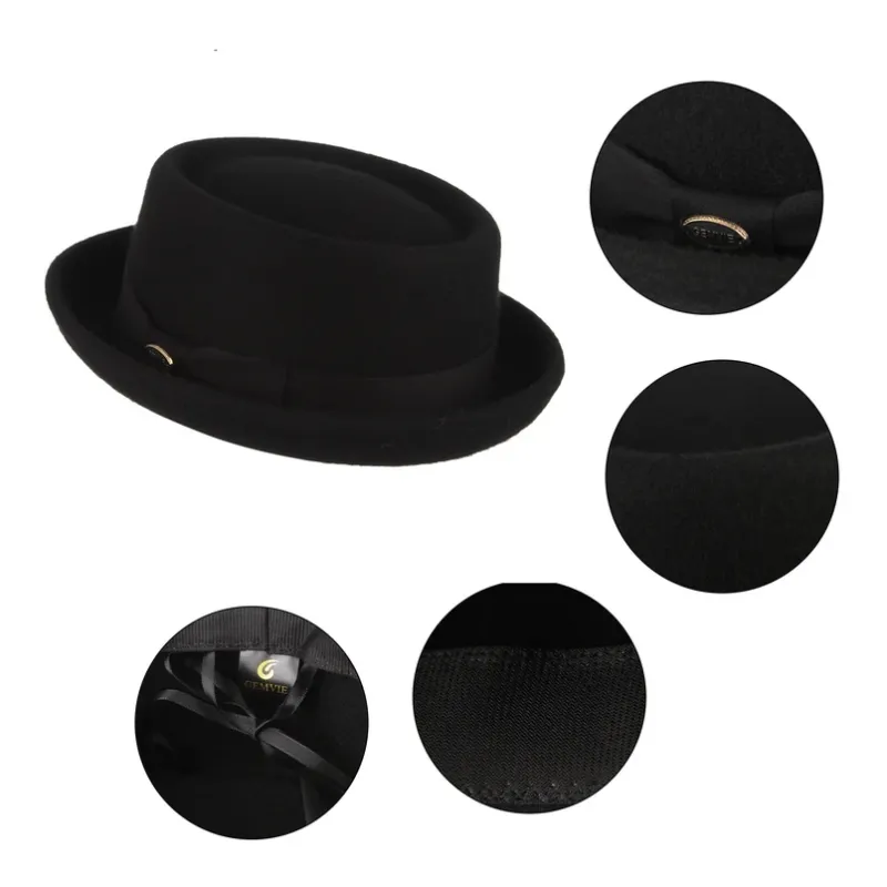 GEMVIE Men Women 100% Wool Felt Crushable Porkpie Fedora Hat Vintage Curved Brim Pork Pie Wool Hat Autumn Winter