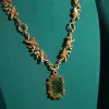 Vintage Square Green Glass Pendant Necklace Relief Palace Antique Gold Color Lion Woman Accessories Luxury Dubai Jewelry 2025