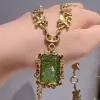 Vintage Square Green Glass Pendant Necklace Relief Palace Antique Gold Color Lion Woman Accessories Luxury Dubai Jewelry 2025