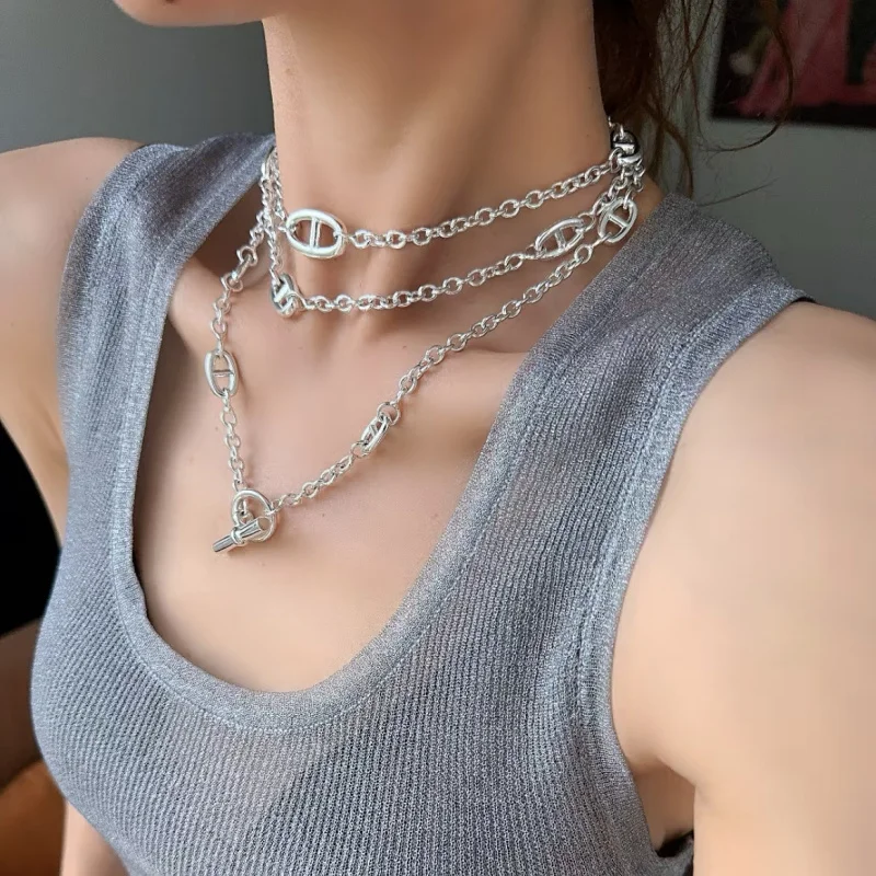 YISON Non-Fading Stainless Steel Accessory Pig Nose Necklace Fashionable Double Layer Overlap OT Buckle Clavicle Chain Jewelry