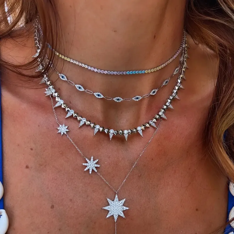 2025 New Cool Women Jewelry Gold Color Rock Punk CZ Paved Spike Geometric Charm Chain Necklace