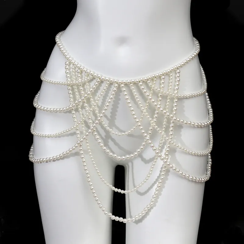 Fashionable multi-layer tassel retro style imitation pearl waist chain banquet charm women's body chain jewelry