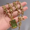 Vintage Square Green Glass Pendant Necklace Relief Palace Antique Gold Color Lion Woman Accessories Luxury Dubai Jewelry 2025