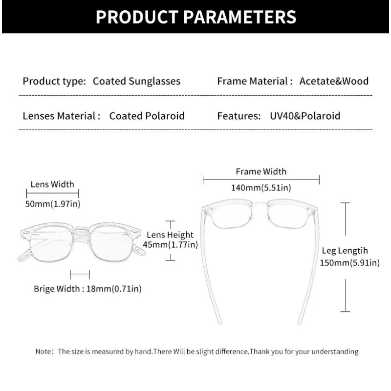 GCV Handmade Classic Leading Par Wooden Sunglasses Men Women Polarized UV400 Protection Semi-Rimless Retro Eyewear Oculos Party