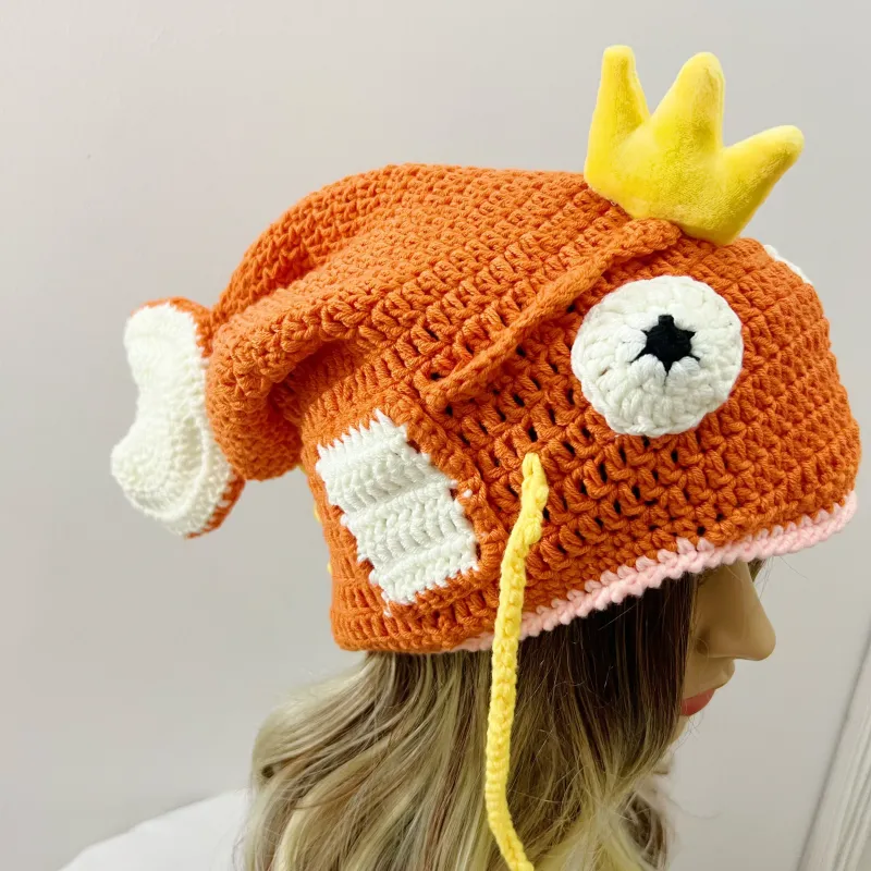 Handmade Wool Crocheted Carp Head Hat Funny Fish King Warm Pile Hat Adult Unisex Knitted Hat