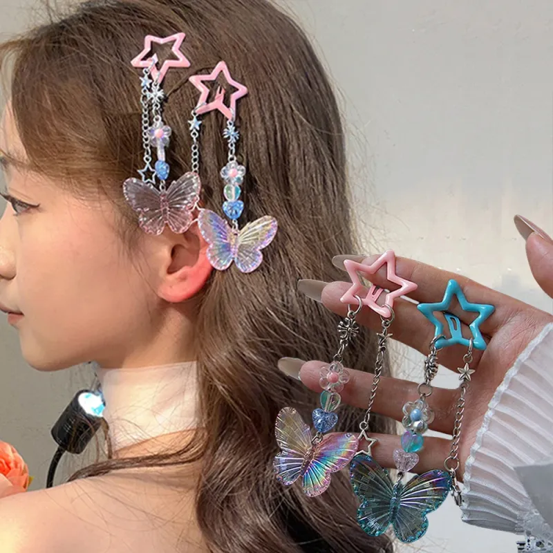 Cute Butterfly Star Tassel Hair Clips Women Crystal Girls Lovely Children Sweet Slid Clip Hairpins Flowers Kids Hair Accessories