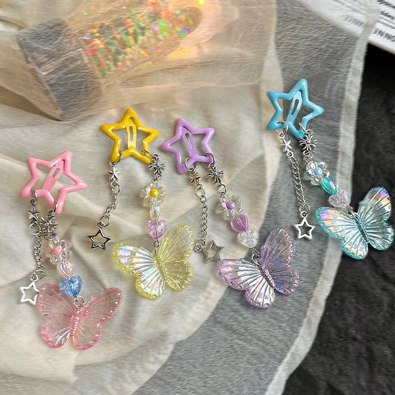Cute Butterfly Star Tassel Hair Clips Women Crystal Girls Lovely Children Sweet Slid Clip Hairpins Flowers Kids Hair Accessories