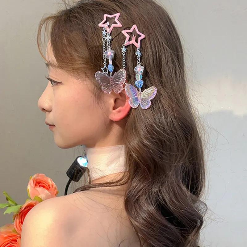 Cute Butterfly Star Tassel Hair Clips Women Crystal Girls Lovely Children Sweet Slid Clip Hairpins Flowers Kids Hair Accessories