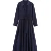 Women Long Sleeve Shirt Dresses With Belt Autumn 2025 Fashion Retro Elegant Luxury Button Midi Dresses OL Commuting Clothes