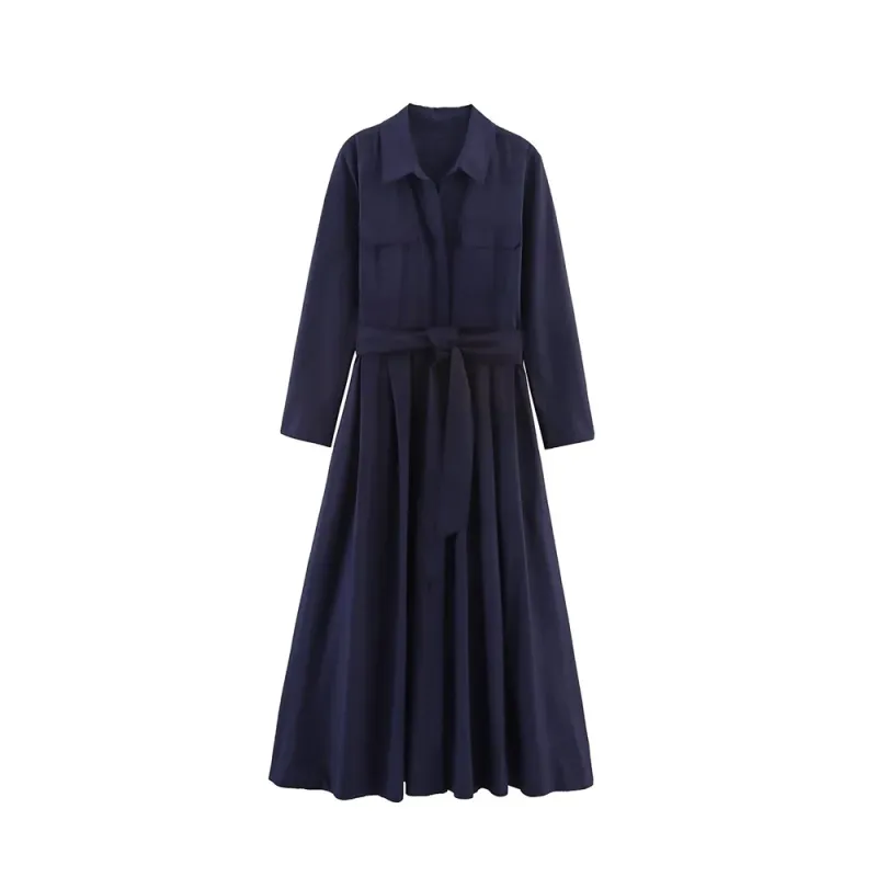 Women Long Sleeve Shirt Dresses With Belt Autumn 2025 Fashion Retro Elegant Luxury Button Midi Dresses OL Commuting Clothes