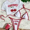 XS - L Cherry Printed Short Sleeve Bikini Female Swimsuit Women Swimwear Three-pieces Bikini set Bather Bathing Suit Swim V6854