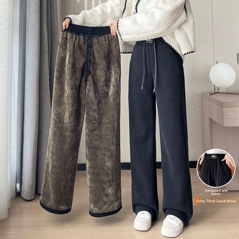 Thickened Fleece Wide Leg Pants Women's Autumn Winter New Style Northeast INS Casual Loose High Rise Straight Leg Trousers