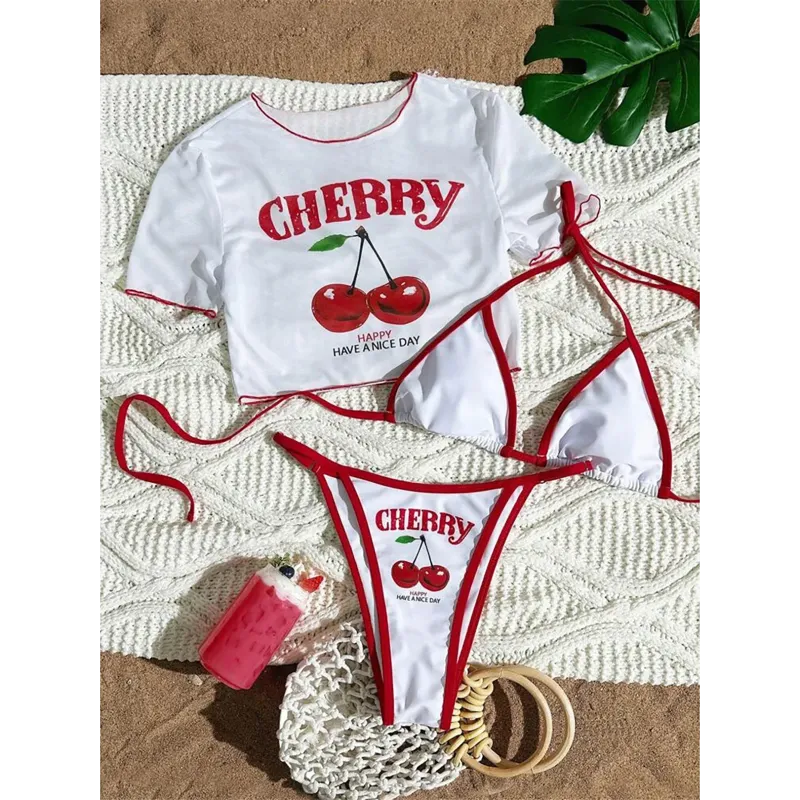 XS - L Cherry Printed Short Sleeve Bikini Female Swimsuit Women Swimwear Three-pieces Bikini set Bather Bathing Suit Swim V6854