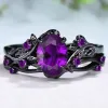 Elegant women's retro style purple gemstone ring gun black rose branch cross two-piece set classic wedding fashion jewelry
