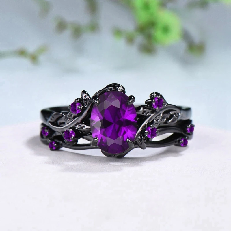 Elegant women's retro style purple gemstone ring gun black rose branch cross two-piece set classic wedding fashion jewelry