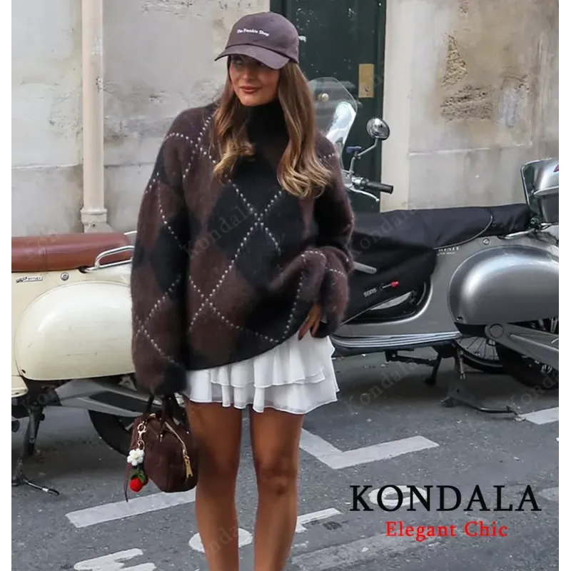 KONDALA Rhombic Knitted Pullover Sweater Women's Fall Winter Vintage Casual Loose Sweater 2025 Fashion Elegant Ladies Sweater