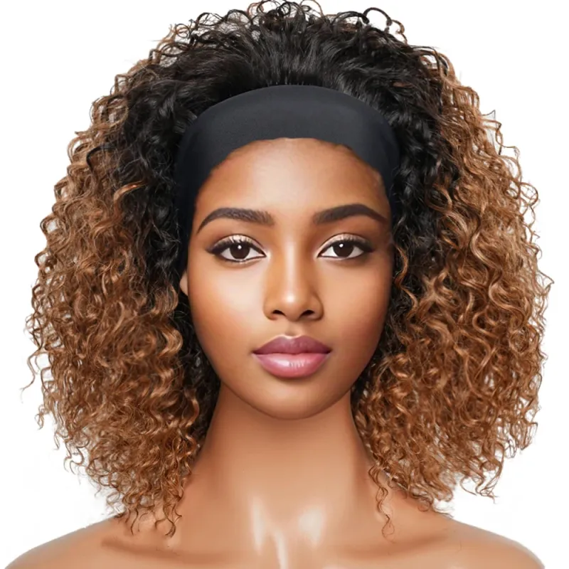 220% Density Glueless Human Hair Wigs for Women Short Curly Headband Wig Ombre 1B 30 Jerry Curly Wear Go Wig Ginger Brown Bobbi