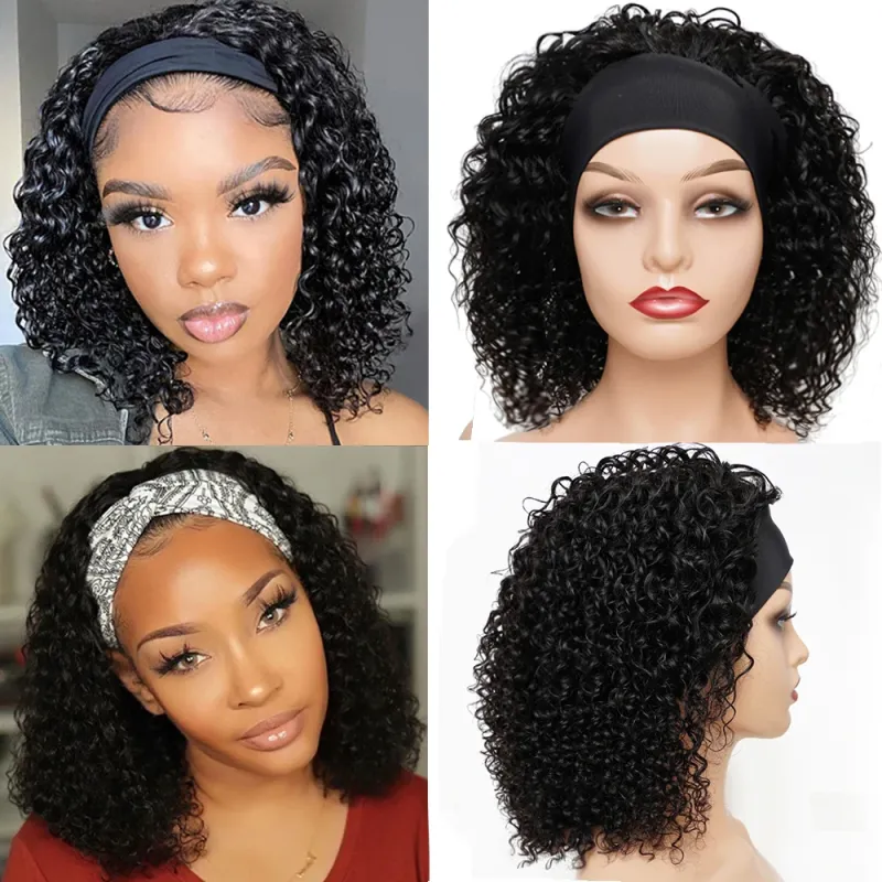 220% Density Glueless Human Hair Wigs for Women Short Curly Headband Wig Ombre 1B 30 Jerry Curly Wear Go Wig Ginger Brown Bobbi