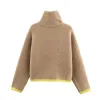 2025 Autumn New Women's Casual Fashion Simple Lazy Style Loose Color Block Layered Knitted Bomber Jacket Short Outerwear