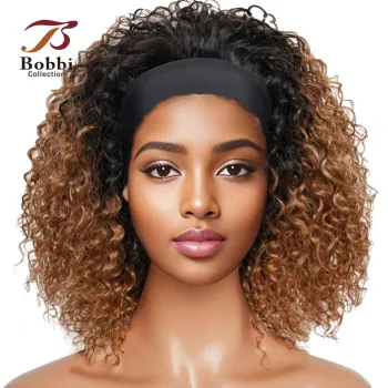 220% Density Glueless Human Hair Wigs for Women Short Curly Headband Wig Ombre 1B 30 Jerry Curly Wear Go Wig Ginger Brown Bobbi