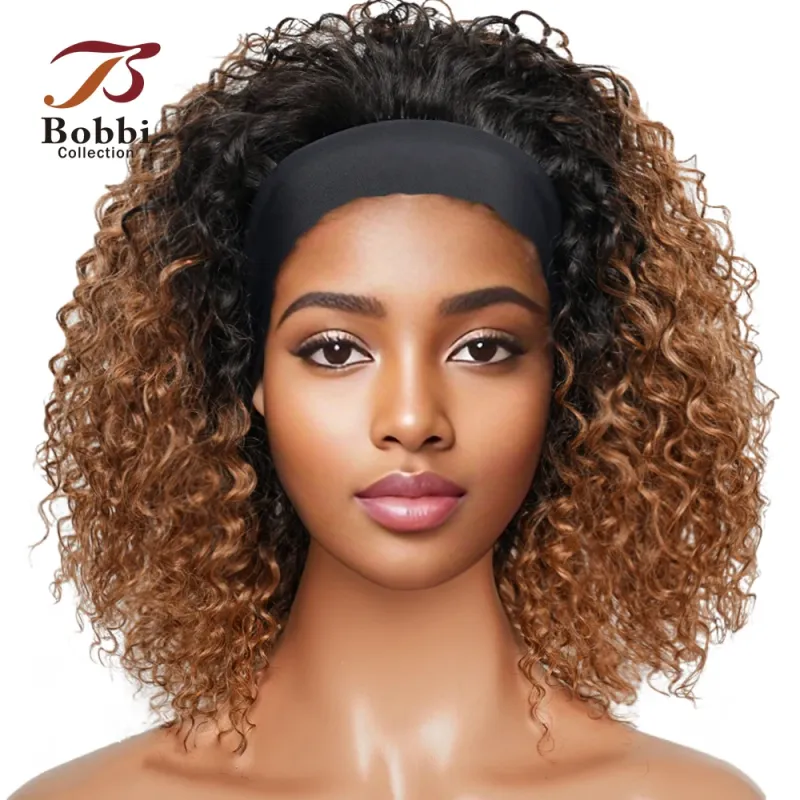 220% Density Glueless Human Hair Wigs for Women Short Curly Headband Wig Ombre 1B 30 Jerry Curly Wear Go Wig Ginger Brown Bobbi
