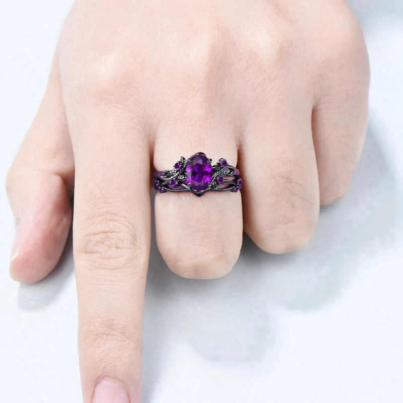 Elegant women's retro style purple gemstone ring gun black rose branch cross two-piece set classic wedding fashion jewelry