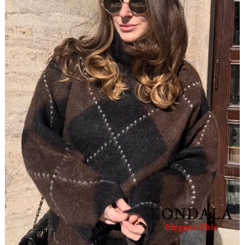 KONDALA Rhombic Knitted Pullover Sweater Women's Fall Winter Vintage Casual Loose Sweater 2025 Fashion Elegant Ladies Sweater