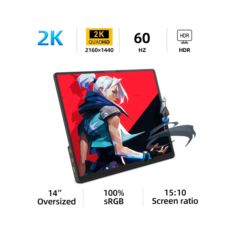 ZSUS 2160*1440 14-inch 2K Portable Monitor 60HZ For Laptop XBox PS4 / 5 Switch TV Box Cell Phone PC Extension Mobile