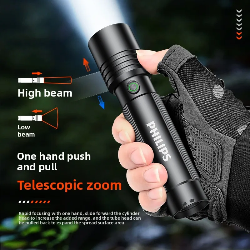 Philips Aluminum alloy Super Bright Rechargeable Flashlight - Long Range Zoom, Portable for Outdoor & Home Use Defensa Personal