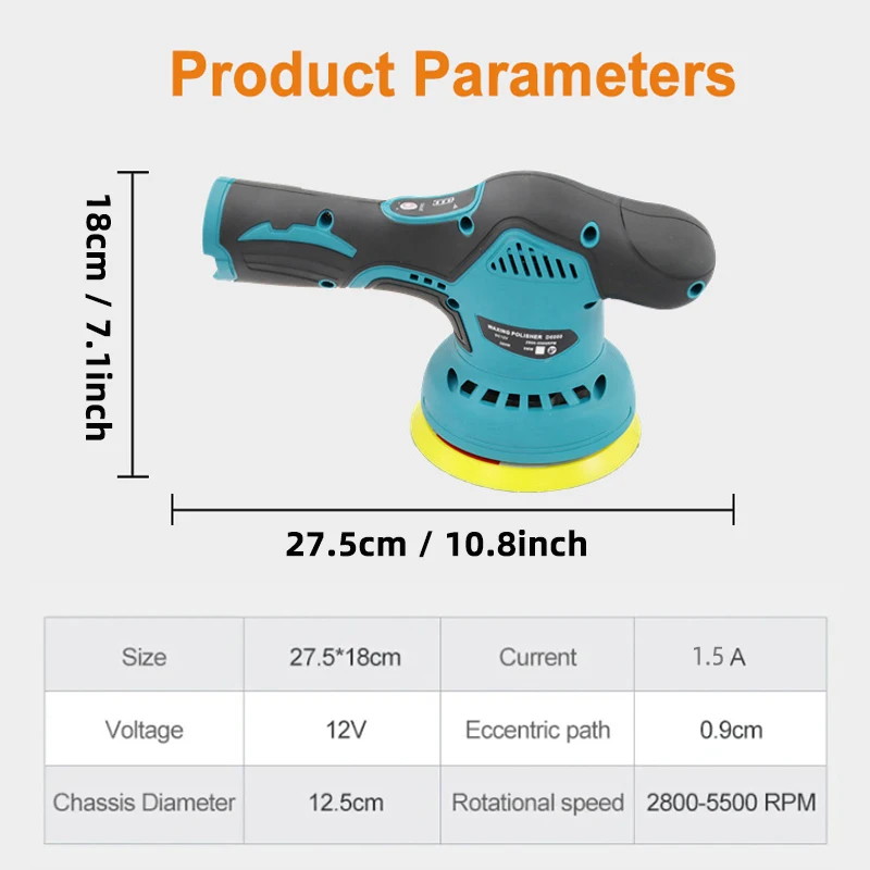 2800-5500RPM Electric Car Polisher 12V 5inch Wireless Auto Waxing Polishing Machine with Sponge Wool Pads Car Polish Waxing Tool