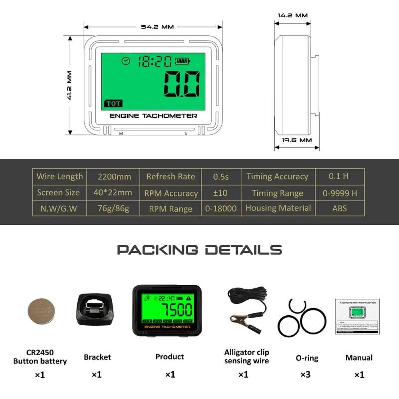 Alligator Clip Induction Tachometer with Clock Gauge Engine Hour Meter Alert RPM Backlit Resettable Tacho Hour Meters