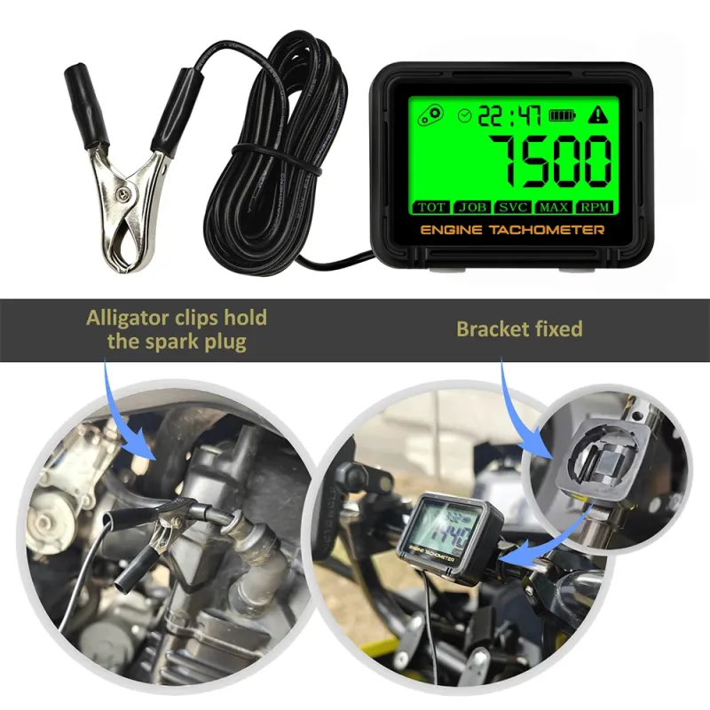 Alligator Clip Induction Tachometer with Clock Gauge Engine Hour Meter Alert RPM Backlit Resettable Tacho Hour Meters
