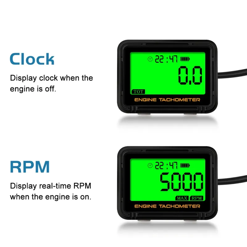 Alligator Clip Induction Tachometer with Clock Gauge Engine Hour Meter Alert RPM Backlit Resettable Tacho Hour Meters