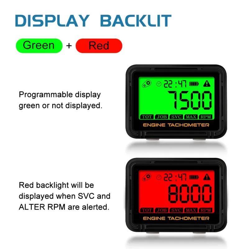 Alligator Clip Induction Tachometer with Clock Gauge Engine Hour Meter Alert RPM Backlit Resettable Tacho Hour Meters