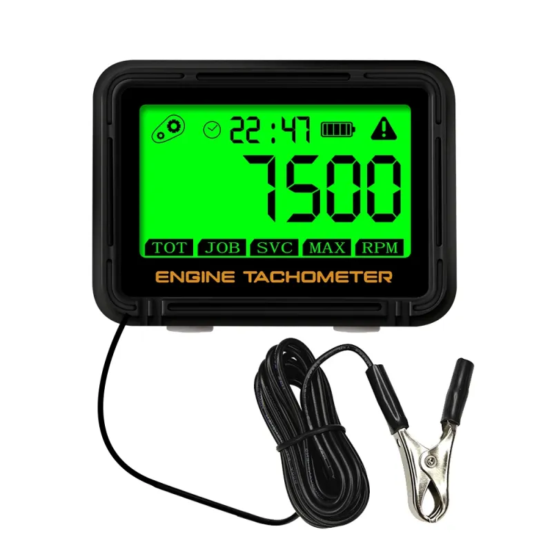 Alligator Clip Induction Tachometer with Clock Gauge Engine Hour Meter Alert RPM Backlit Resettable Tacho Hour Meters