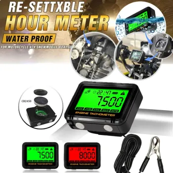Alligator Clip Induction Tachometer with Clock Gauge Engine Hour Meter Alert RPM Backlit Resettable Tacho Hour Meters