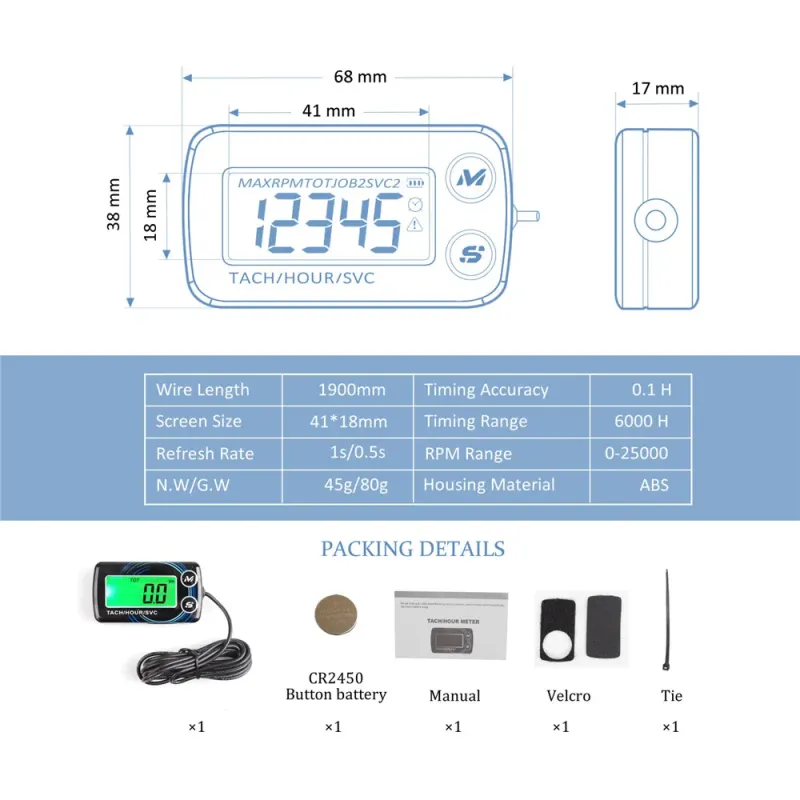 Inductive Tachometer Hour Meters 2 IN 1 Gauge Alert RPM Engine Hour Meter Backlit Resettable Tacho for Motorcycle ATV Lawn Mower