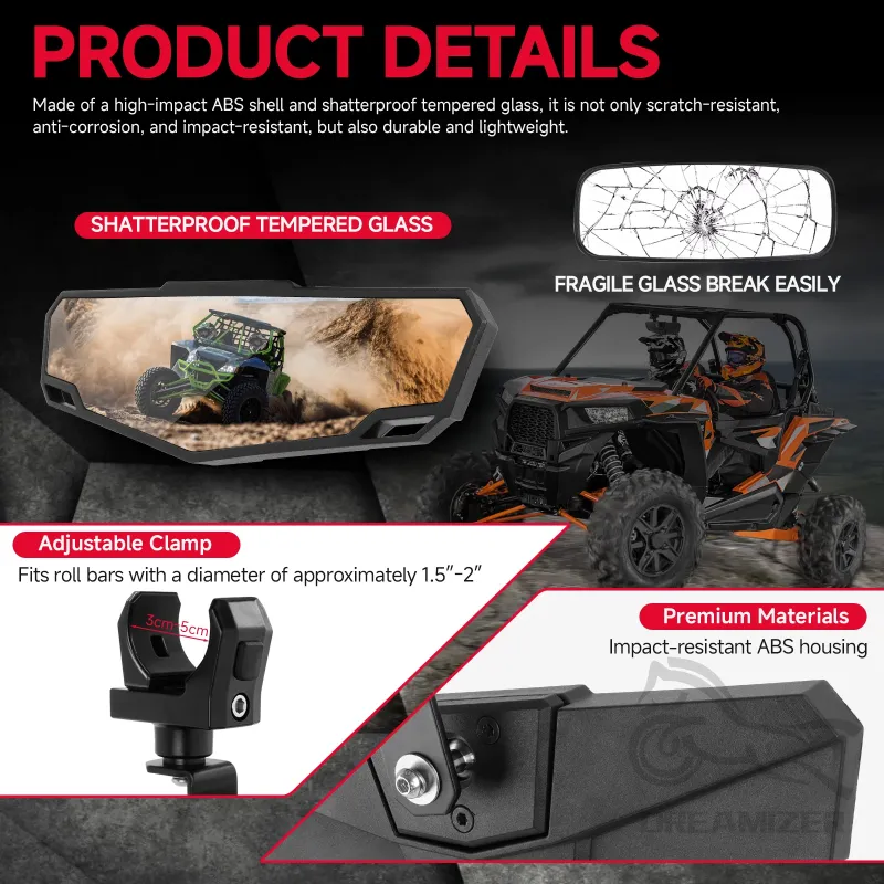 1.75-2 Inch UTV ATV Adjustable Rearview Mirror All-terrain Vehicle For Polaris RZR Center Rear View Mirror Exterior Accessories