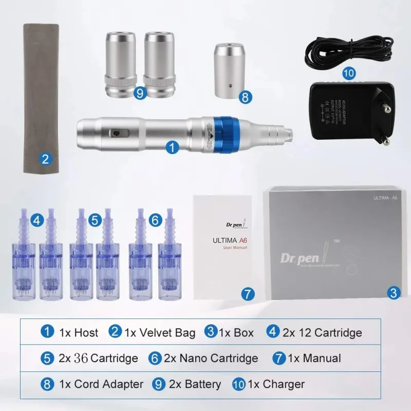 Original Ultima Dr Pen A6 with 6 pcs Cartridges Homeuse Wireless Electric Skin Care Tools Kit Auto Mesotherapy Beauty Machine