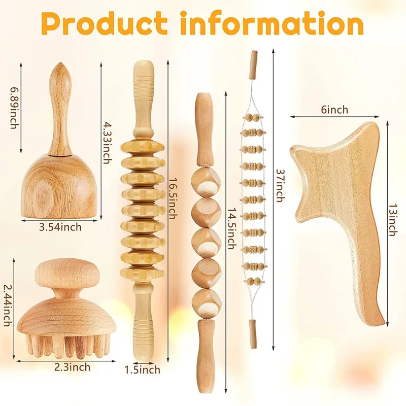 6 In 1 Wood Therapy Massage Tool Lymphatic Drainage Massager Anti Cellulite Fascia Massage Roller for Full Body Muscle relaxatio