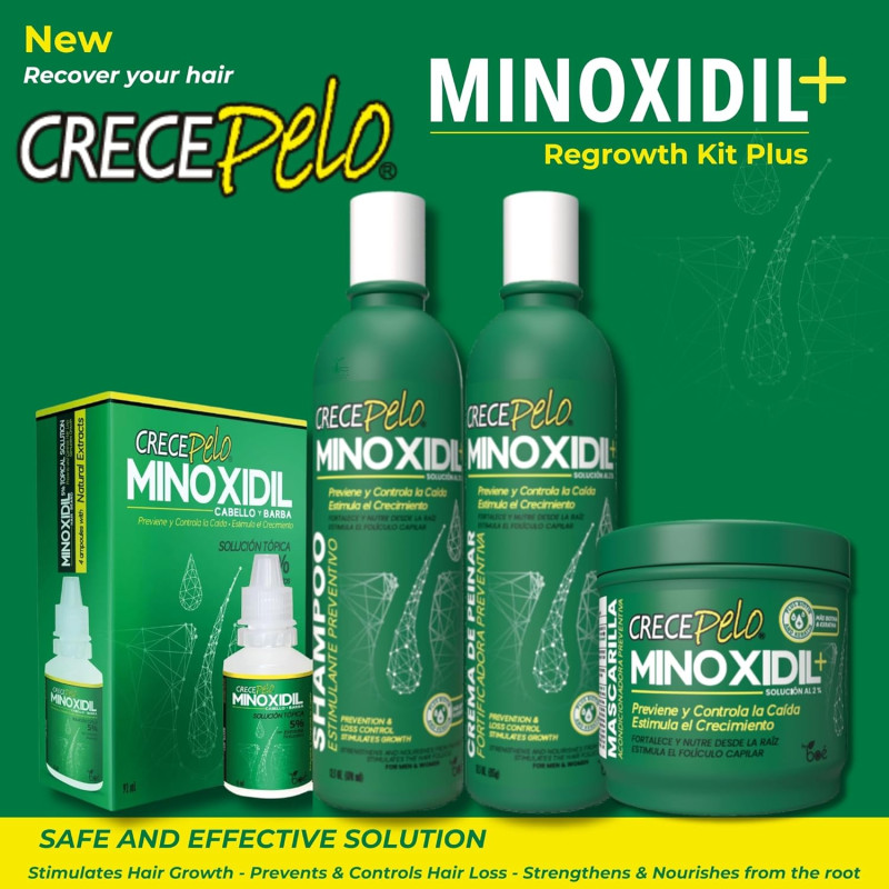 Crece Pelo Hair Regrowth Super Kit Plus – 4-Piece Set with Minoxidil 2% & 5% – Anti Hair Loss Treatment 