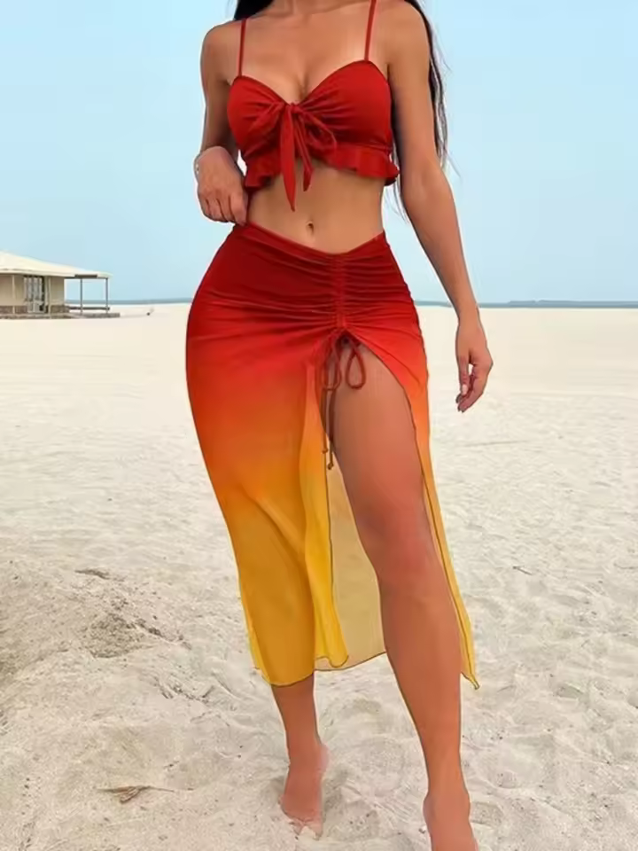 Sexy Blue Tie Dye Gradient Bikini Set 2026 Women Front Tie Ruffles Push Up Skirt 3 Piece Swimsuit Beach Bathing Suit Swimwear